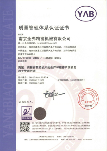 质量管理体系认证证书（中）